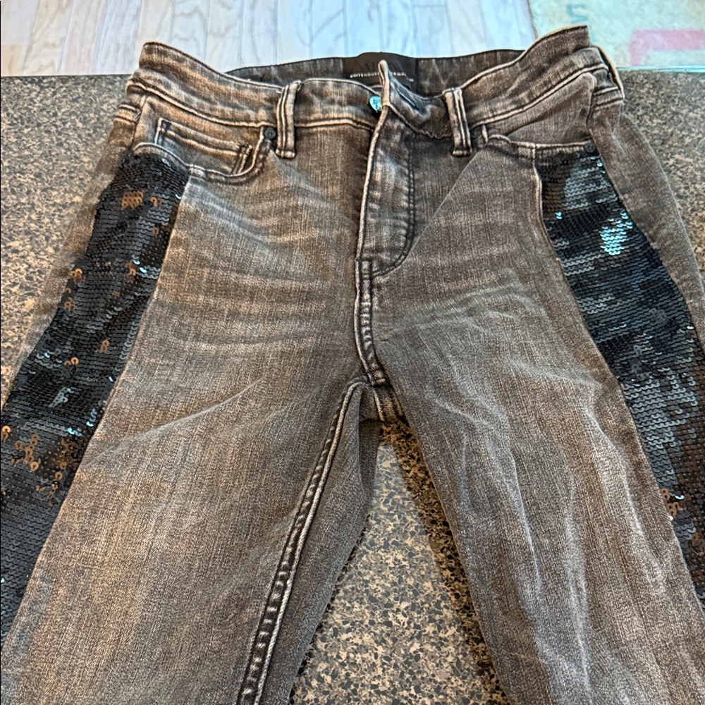 White House Black Market Black Washed Skinny Jeans with Sequin Side Panels